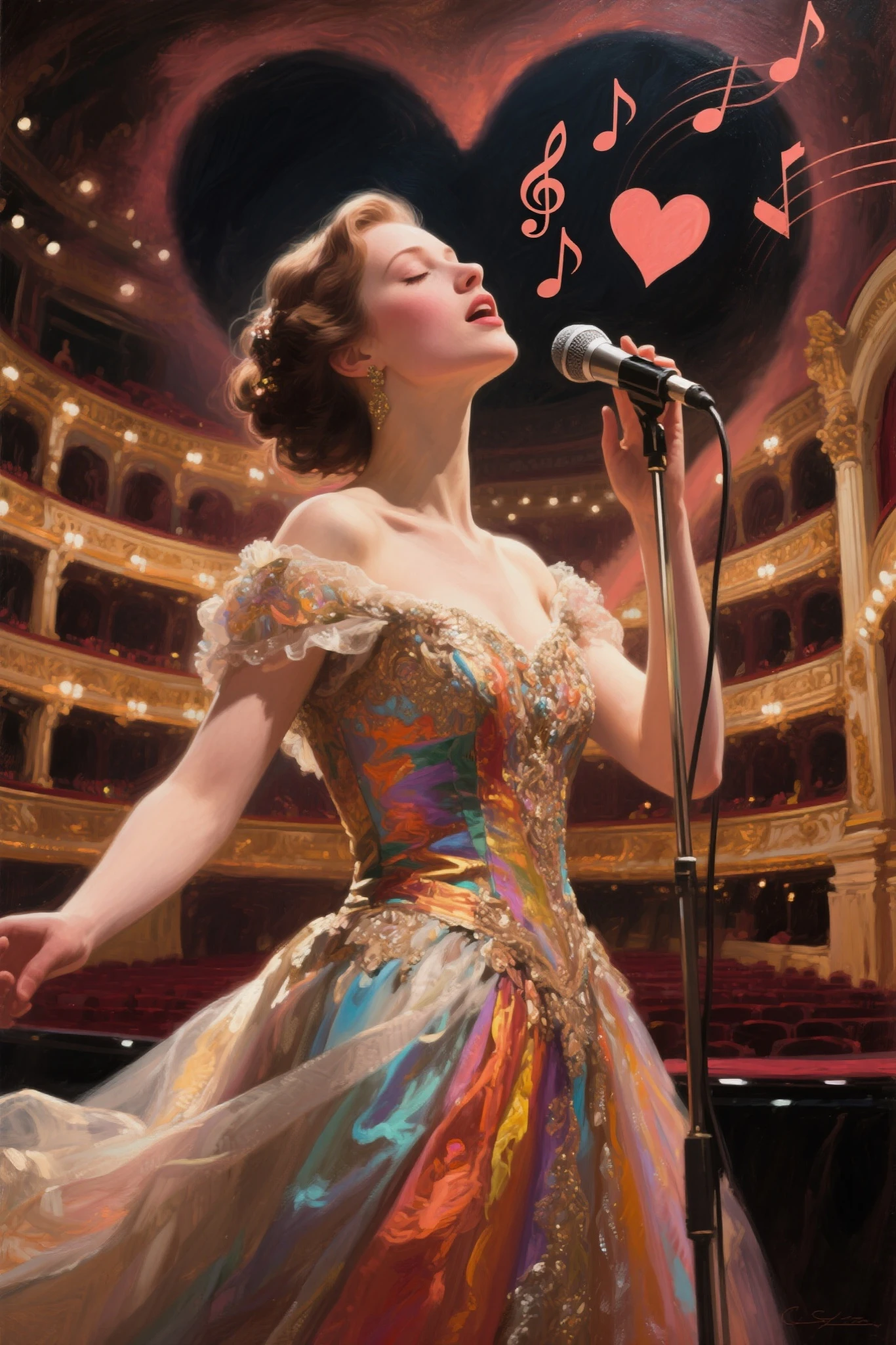 Generate an image that captures Beverly Sills' passion for music and opera, with elements of stage performances.