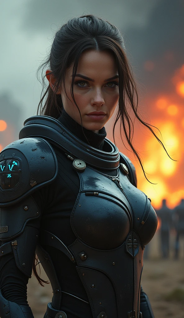 RAW photograph, portrait quality, an ultra hot gorgeous European woman, 23 years old , random hair color, wind blown hair, dusty face, clad in sheer iridescent transparent cyberpunk armor (vaultsuit with pipboy3000 on wrist), Against the backdrop of a desolate post-apocalypse, action pose, futuristic laser rifle in hand aiming forward and shooting, destroyed buildings, Carcasses of burnt futuristic war vehicles, tracer bullet flares on background, Oppressive atmosphere, Dark skies, photo realism, sharp-focus, fallout, science fiction, cinematic scene, backlight. Perfect anatomy, perfect hair, perfect breast, perfect body, perfect hands, perfect face, perfect eyes, accurate, anatomically correct, perfect clear and crisp focus, UHD, masterpiece,