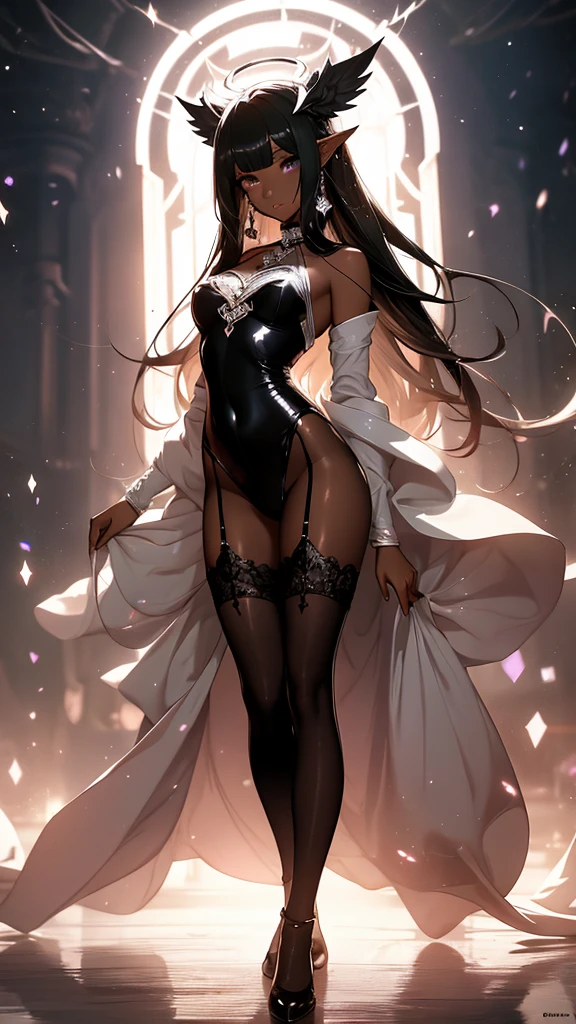 ((masterpiece, best quality)), Delicate face,goddess,whole body,Long legs,Standing picture,dark skin,Perfect body proportions,Long wavy hair,beautiful eyes,Fantasy style,Extremely beautiful,Pure white background,bedroom,Mirror,transparent,Sexy Lingerie,chain,Pantyhose
