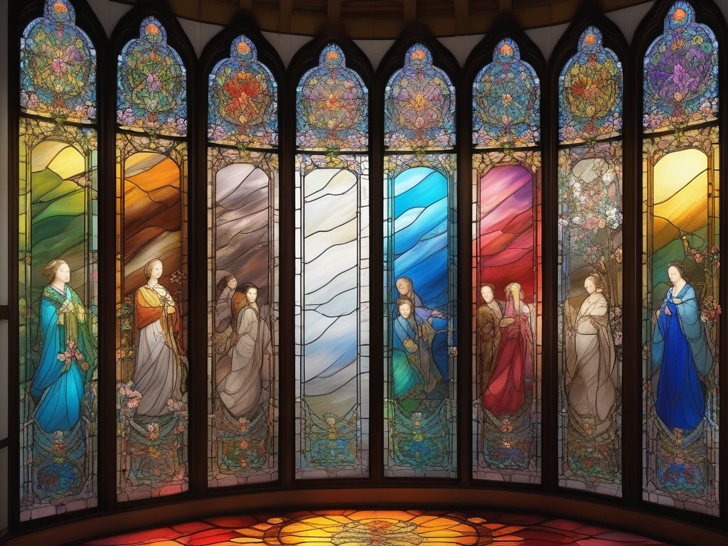 <lora:concept art-v1.0:1> concept art, Vibrant Stained Glass, Alice in Wonderland, Enchanted Forest, Rainbow Colors, Sunlight Filtering Through, Whimsical Atmosphere, Gothic Architecture, Textured Glass Panels, Intricate Organic Shapes, Balanced Composition