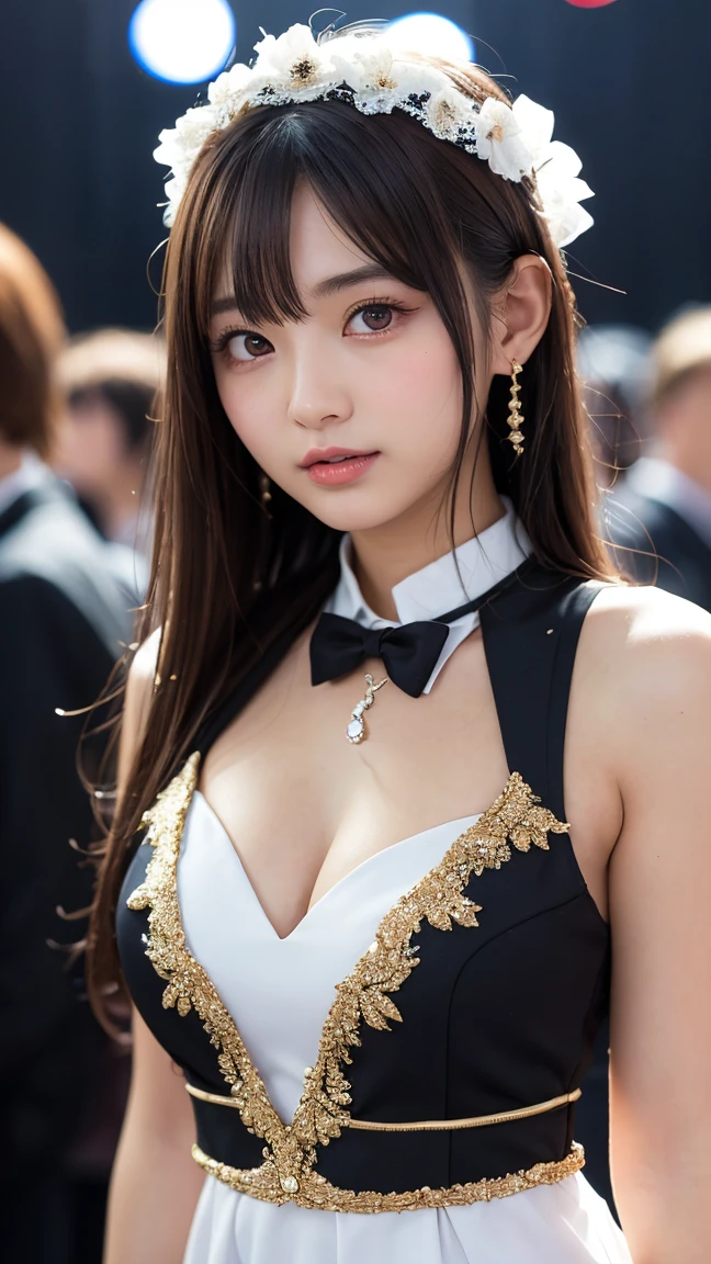 A girl wearing bunny suit in an outdoor exhibition, detached collar, wrist cuffs, bowtie, full body, upper body, cleavage, daytime, beautiful face, beautiful detailed eyes, long eyelashes, beautiful detailed lips, golden long hair, (detailed,crisp:1.1) textures, Masterpiece, high quality, extreme detailed, crowds in background, raw photo