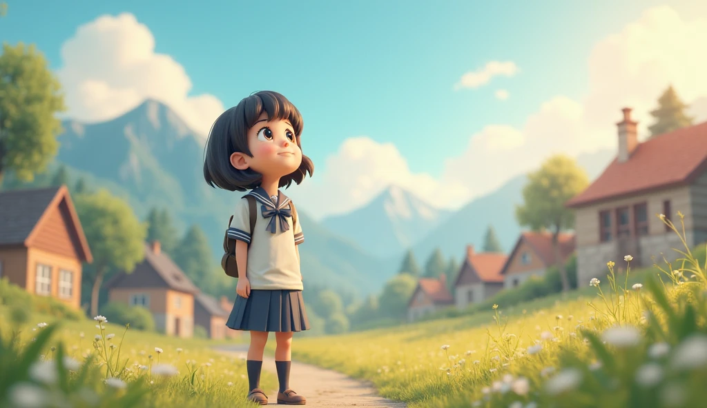 1girl, sky, looking back, on grass, high quality, masterpiece, absurdres, shirt lift, skirt