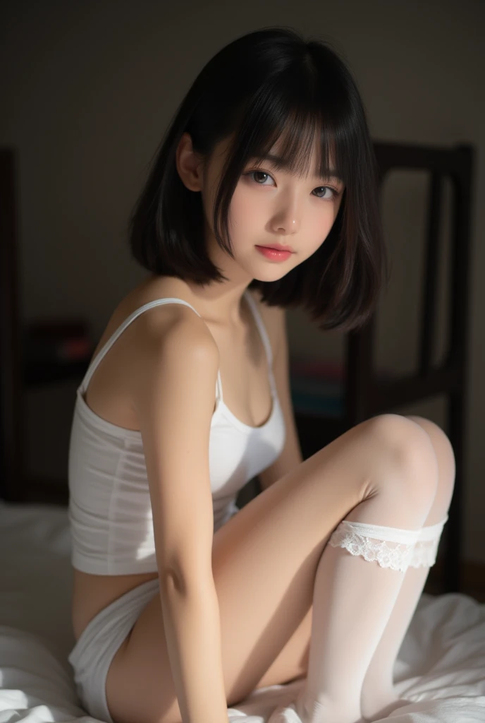 (8k, Top quality, Masterpiece:1.2), (Realistic, photo-realistic:1.37), Super detailed, perfect anatomy, a Japanese, girl, cute, small eyes, 18 years old, blunt bangs, white stockings,