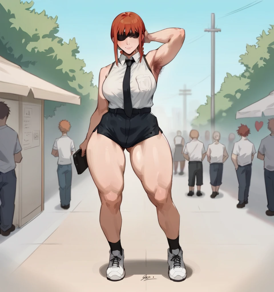 (masterpiece:1.4), (Best quality), (detailed), (8 K), fools, (One, 1 girl, cowboy shot), (sidewalk, city), the boss, (black eyes:1.2), , (wide hips, thick thighs:1.3), (dark skin:0.8), Brown hair, sidelocks, double bun, visor, red headdress, collaRed shirt, Red shirt, Short sleeves, black jeans, shirt tucked in, white male, naked, big cock, anal sex, BIG ASS