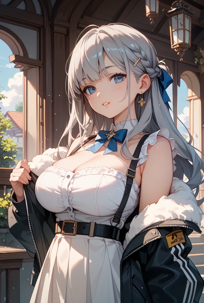 (official art、highest quality、Unity 8k wallpaper、32K、masterpiece、super detailed、超high resolution、realistic、Photoreal:1.2)、(cinematic lighting:1.2)、fire glow effect、film grain、best shadows、rim lighting、side light、(Super detailed and complex 3D rendering)、Background like Makoto Shinkai、very beautiful background、field、detailed beautiful face and eyes、(Beautiful and sharp pupils)、masterpiece, high resolution、highest quality, ultra high resolution, maximum resolution, very detailed, professional lighting, beautiful skin, 28 year old woman、silver hair、Hololive、(((Shirogane Noel、knight、armor、skirt lift、grab the skirt、medieval europe cityscape、Castle、White side tie panties)))、((spread your legs、Showing off her thin, white side panties))、(((((sexual excitement、Very embarrassed)))))、(((super low angle)))、((accurate human body structure))
