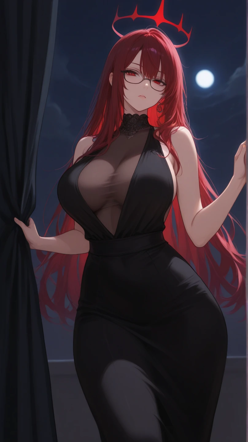 Highest quality、devil、Long Red Hair、Black Dress、Big Breasts、Lots of lace、Fluttering Skirt、red heels、Long skirt、The eyes are large、Lipstick is red、from the front、Draw the face clearly