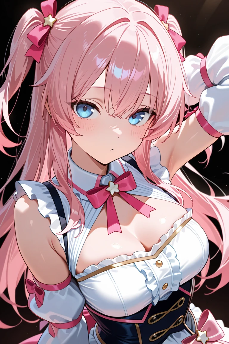 メイド、dynamic pose、pink hair, aaaqua, Twin-tailed, Maid headdress, cleavage, Short sleeves, Wrist cuffs ,Bakua, White jacket, Long sleeves