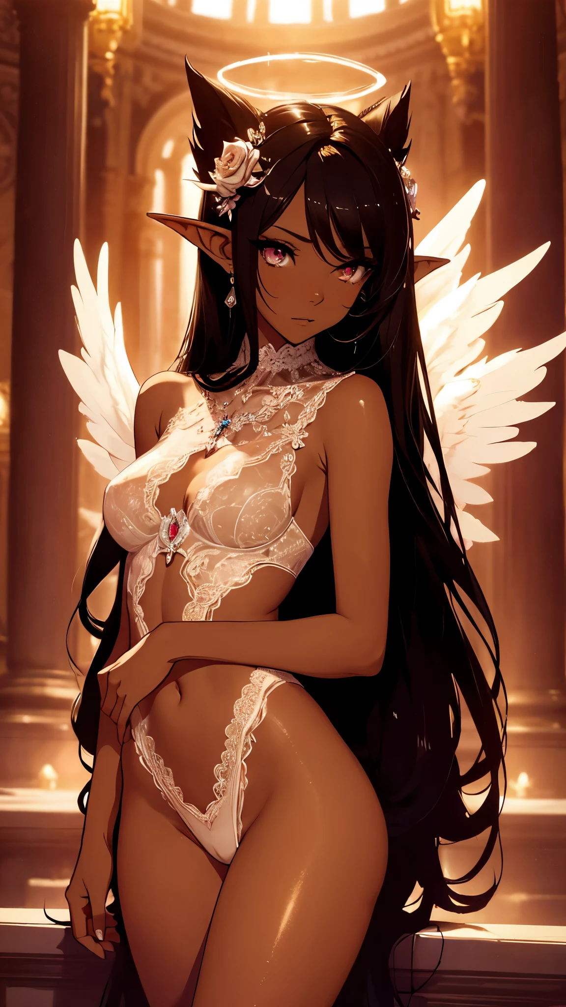 ((((masuter piece、top-quality、Long body、large full breasts、Brown skin color、perspiring、lyin in bed、A look of shame、Beautiful abs、opens legs、M-shaped legs、White lingerie))))、Silvery hair、verd s eyes、(((Very marked camel toe)))、(((Pose with emphasis on the chest)))、(((((Black skin))))),((((darkskin)))),((sun burn))、Realistic skin type、an anime girl、Detailed Digital Anime Art、A seductive anime girl、extremely detailed art germ、a hyperrealistic schoolgirl、Ilyakukvshinov、Smooth Anime CG Art、Ultra Realistic Woman、ig model、ArtGerm、photo-realistic anime girl、digital anime art