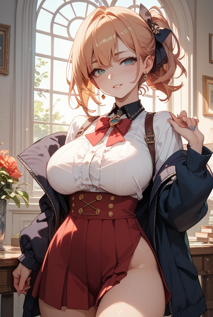 anime (Kampfer), lady , sexy (very big boobs), actress (Akane Mishima) , orange short hair to shoulders length , green eyes , collar, knee highs, tie, school uniform, watch , She reads books at the school library