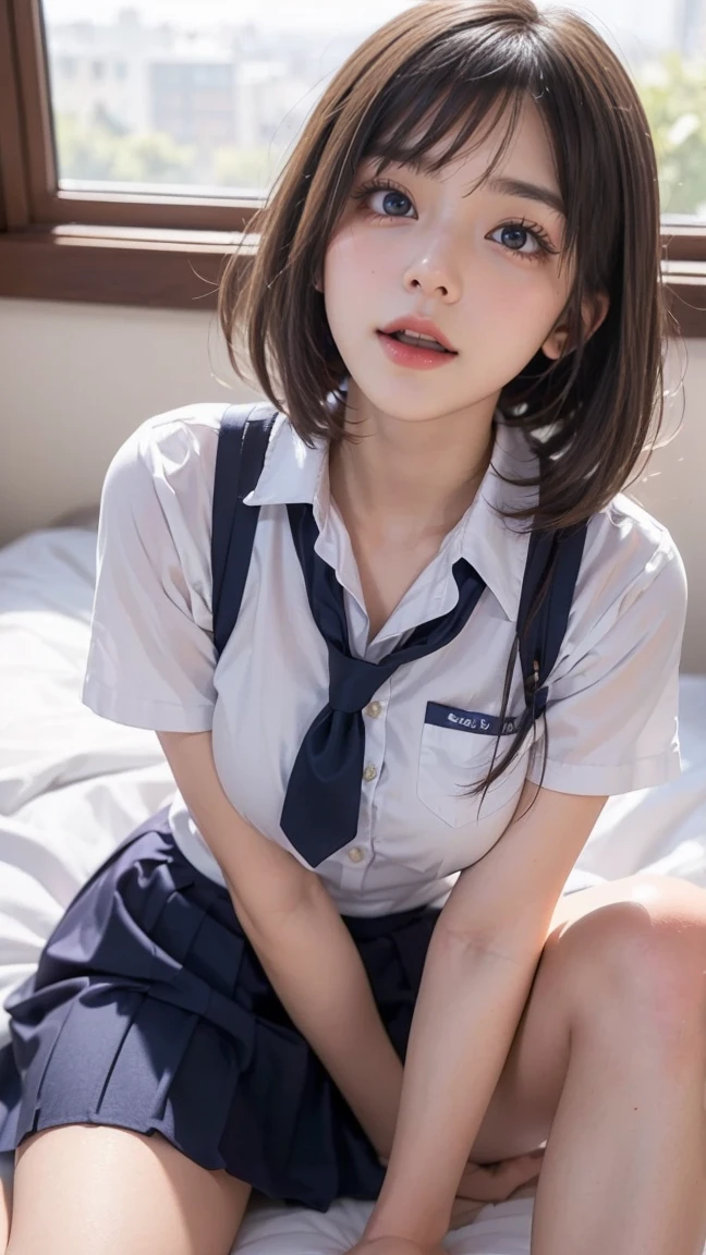 ((masterpiece)), ((best quality)), (ultra-detailed), ((extremely detailed)), 4K, (8K), best quality, (beautiful),((beautiful eyes)),white shirt,(skirt),(school uniform:1.3),fullbody,(intricate panties),20 years old,(white panties),brown hair