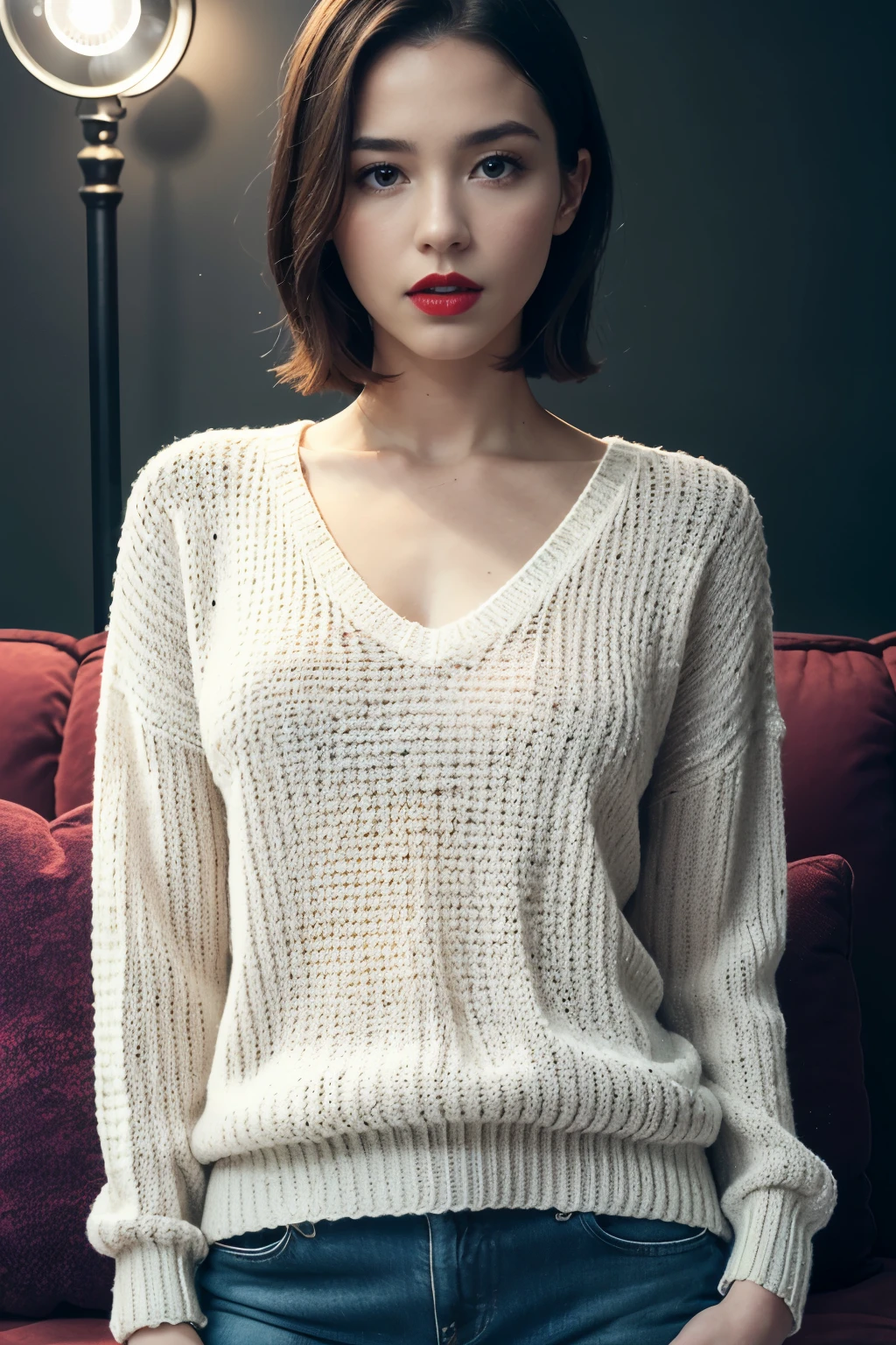 nsfw、Nikon RAW Photos、8 K、Fujifilm XT3、masterpiece、Highest quality、Super detailed、Masturbation、Vaginal 、whole body、Completely naked、Climax、Only the chest area is exposed,Knitted sweater、Black underwear