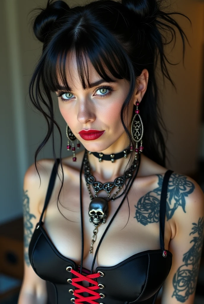 Half-naked 30-year-old gothic woman (Peta Jensen pov ), Linda, exuberante, Cabelos cinza, cabelos grisalhos, Medium cut at shoulder height, cabelos lisos, pele branca, pale and blotchy, vestindo um manto negro, coberta com manto negro, capuz negro, Bathrobe tied around the neck, nua por baixo, seios nus, grandes seios nus, large rounded and droopy breasts (Angela White) Kate Dee's huge sagging breasts, mamilos duros, lascivo, mamilos bicudos, molhada, lascivo, safada, misterioso, barriga marcada com piercing, no-bra, calcinha rendada micro preta, marcando a virilha, olhos de cor prata, olhos semiaberto, olhos pintados de preto, olhar morteiro, olhando para o lado, Gothic visual, steep nose, esnobado, corar, Labios sensual semiaberto, sexy, Gothic skull tattoo on neck, tatuagem em forma de gargantilha, bat tattoo on neck, correntes na coxa, Next to a rustic bookcase, livros grandes antigos de magia, luz baixa, velas ao fundo, Candelabro de mesa no fundo, luz lateral sobre sua pele branca, sombra, Deep lighting, contraste marcante, pulseira de dentes, gargantilha com pingente de esmeralda, close de baixo, Bottom view, close da cintura para cima, vista de baixo, olhar de baixo, quadril largo, coxas grossas, tom frio, ar frio soprando, gothic ambient, Dark and Gothic Hall, low lighting, contemplating wolf skull on the wall, looking at a musk bison skull, baixa luz, ambiente mais escuro, gelado, sombrio, refractory light, Anatomia do Feminina, beautiful hands, sexy, Angela White's breasts, Mamalhuda, 4k, HDR, extrema qualidade,