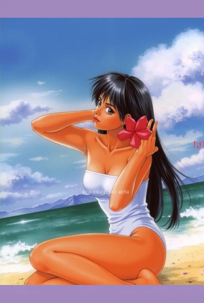 (masterpiece), high quality, high resolution, super detailed, realistic, illustration, (Madoka Ayukawa \(Kimagure Orange Road\):1), (Akemi Takada Style:1), beach, red bikini swimsuit, shiny skin, fair skin, sun visor, long black hair, reaching out, leaning forward, summer sunlight,