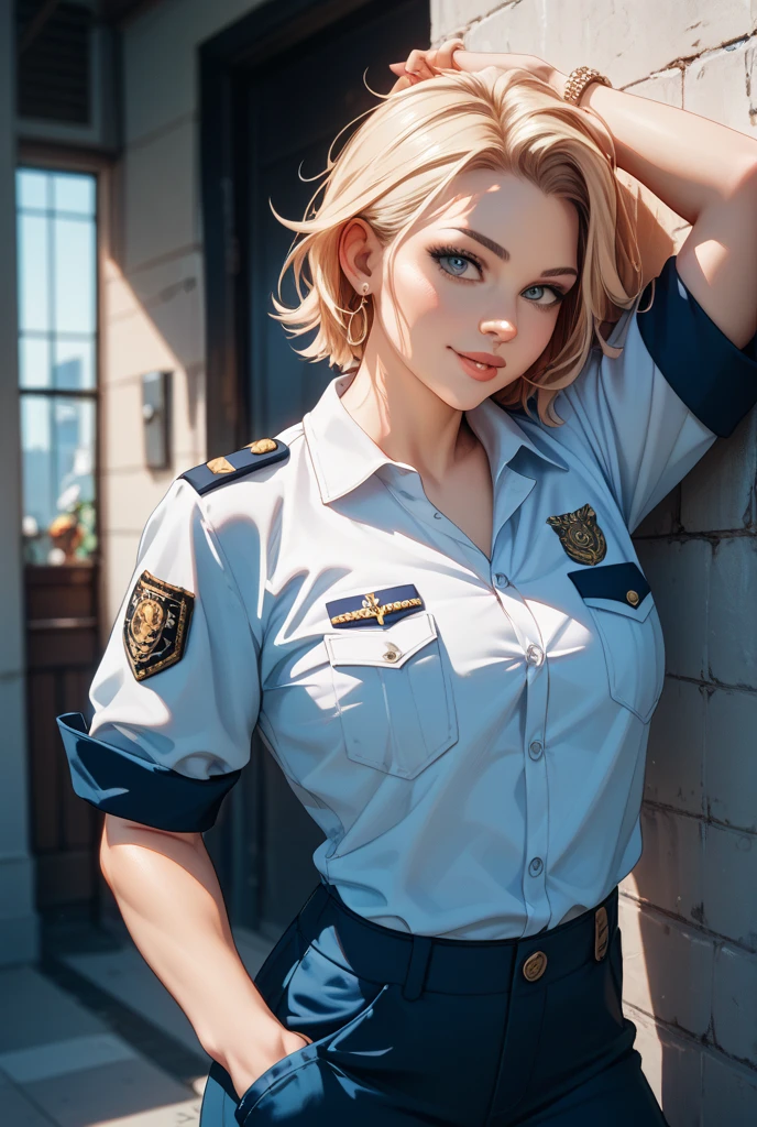 realistic skin, detailed skin, realistic, (j3ssbush:0.99), (army uniform:1.2), in desert, (looking at viewer), detailed pupils, blonde hair, , muted colors, cute,  cute pose, smirk, medium closeup