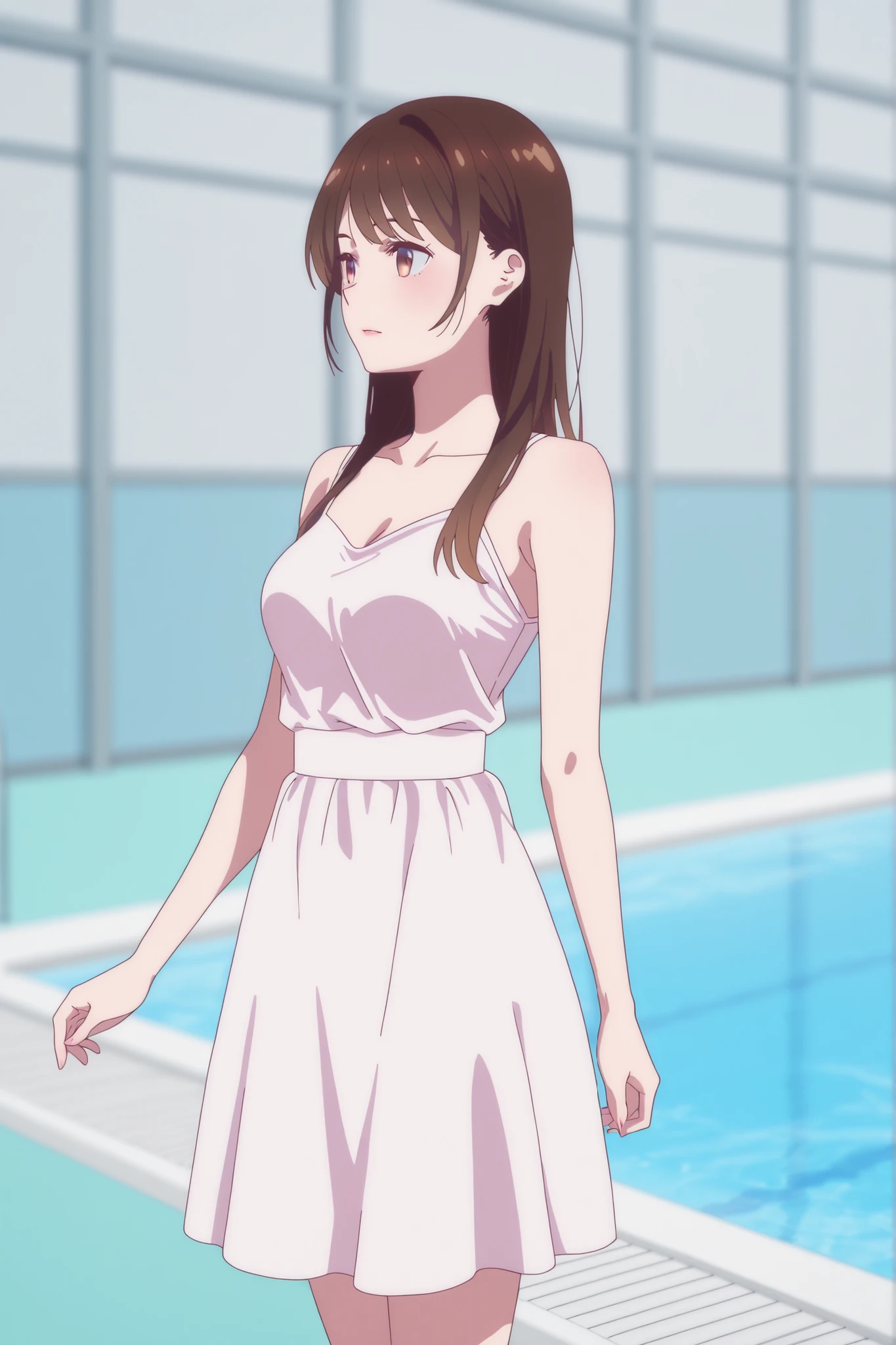 Came out of the pool wearing a pink and white dress、Japanese woman with medium brown hair