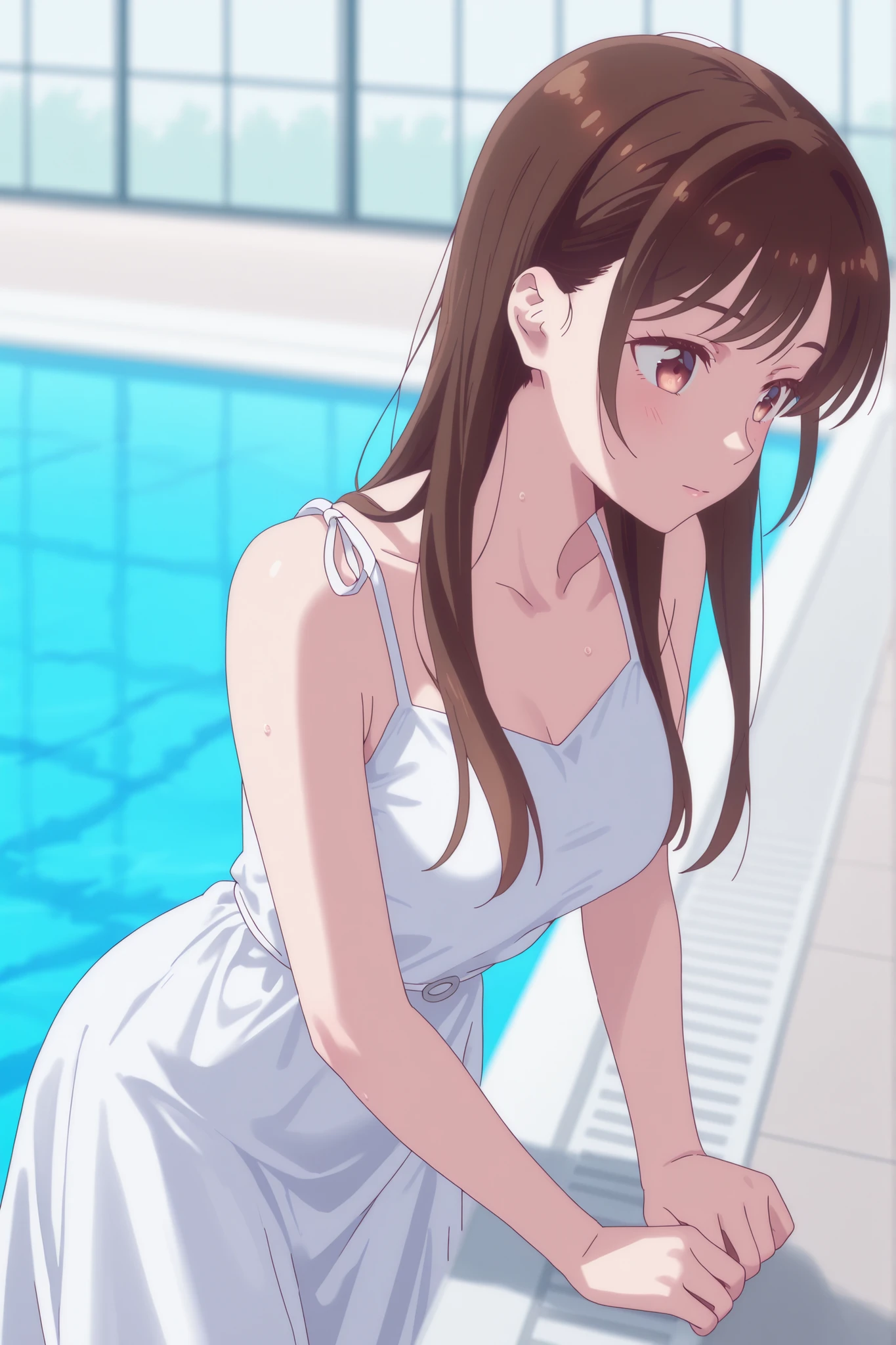 Came out of the pool wearing a pink and white dress、Japanese woman with medium brown hair
