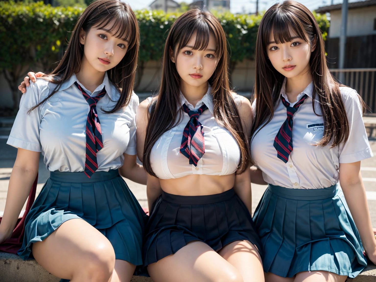 (RAW photo, 4k, masterpiece, high resolution, extremely complex) (realistic: 1.4), cinematic lighting
((2 girls, 2 schoolgirls)),Slam Dunk's,blushing,((innocent)),(Dark makeup),bright eyes,round eyes,blunt bangs,(straight hair:1.3),black hair,large breasts,wide hips,Summer Noon, 20 year old girl、cute type、lolita,Hot, (Best Quality), (Highres), (an Extremely Delicate and Beautiful),(Beautiful 8k face),(Brown eyes),short bob hair,( spectators),(gigantic breasts),(Play with each other,Touching each other's bodies,Touching the body),(Japanese high school uniform:1.3),blue skirt,(reality),bright lighting,(The background is a luxury hotel room)