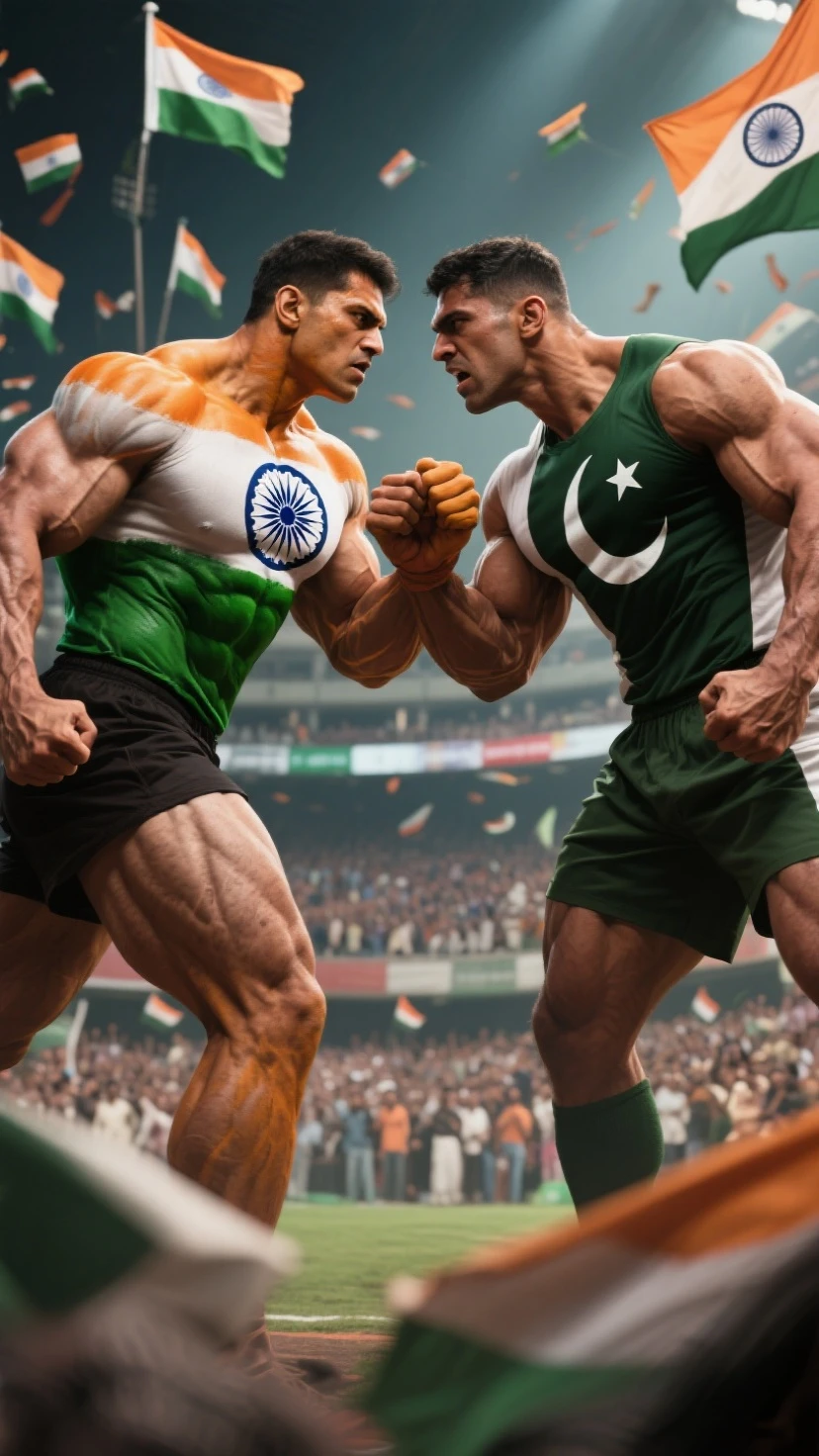 One bodybuilder with Indian flag and pastine flag with Muslim cap