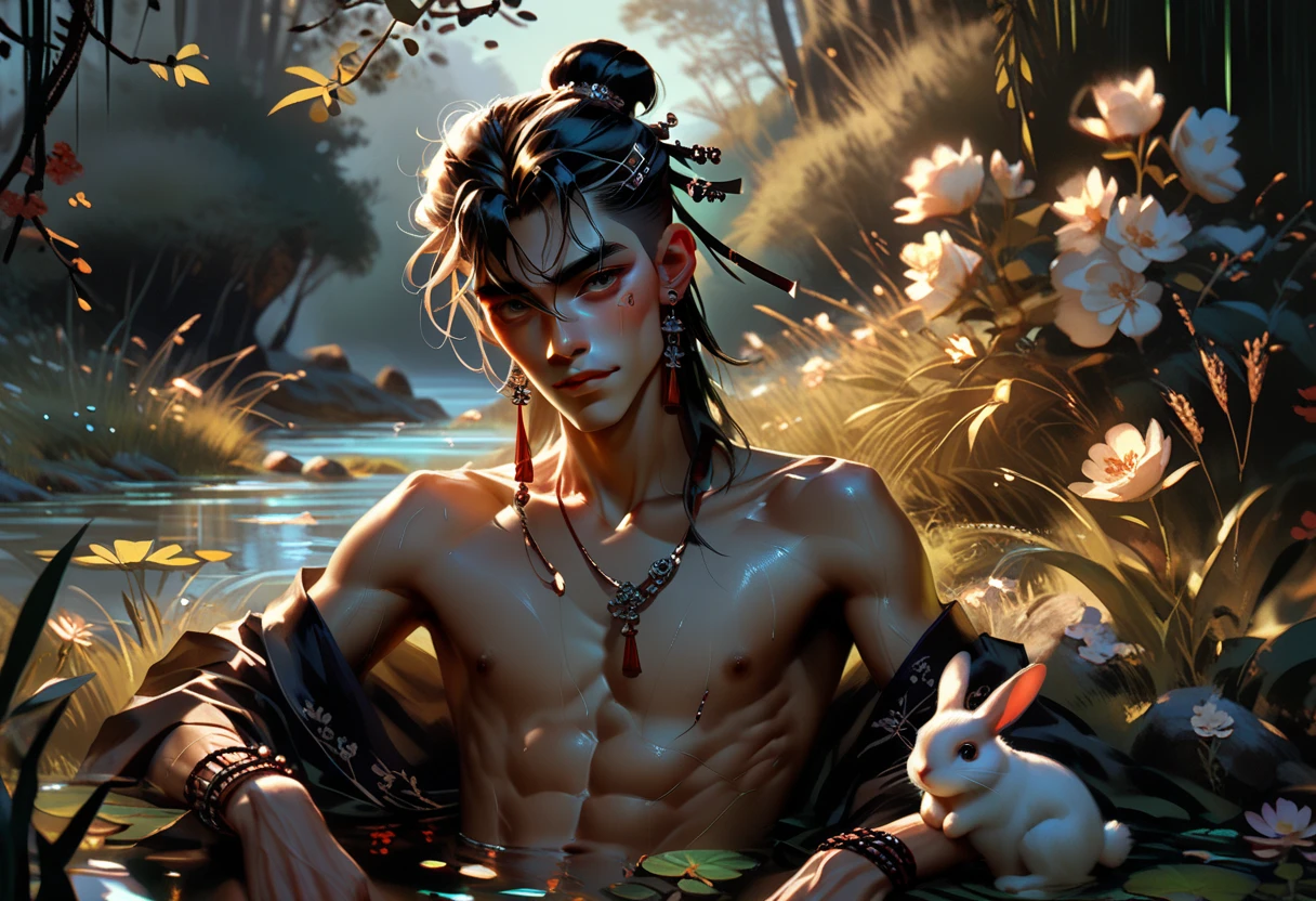 Xiao Zhan, short detailed hair，Fireflies walk through the jungle at night, (high detal:1 1), Smooth face, Natural skin, high qulity, , beautidful eyes, (Detailed face and eyes), (the face: 1 2), ,, real photograph, ..PSD, Lamp film photography, sharp fokus, contrasty lighting, Delicate skin, High resolution 8K, insanely details, realisticlying, professional photoshooting, 8K  UHD, SLR camera, softlighting, high high quality, filmgrain,There is abdominal muscle leakage ，Shirtless，