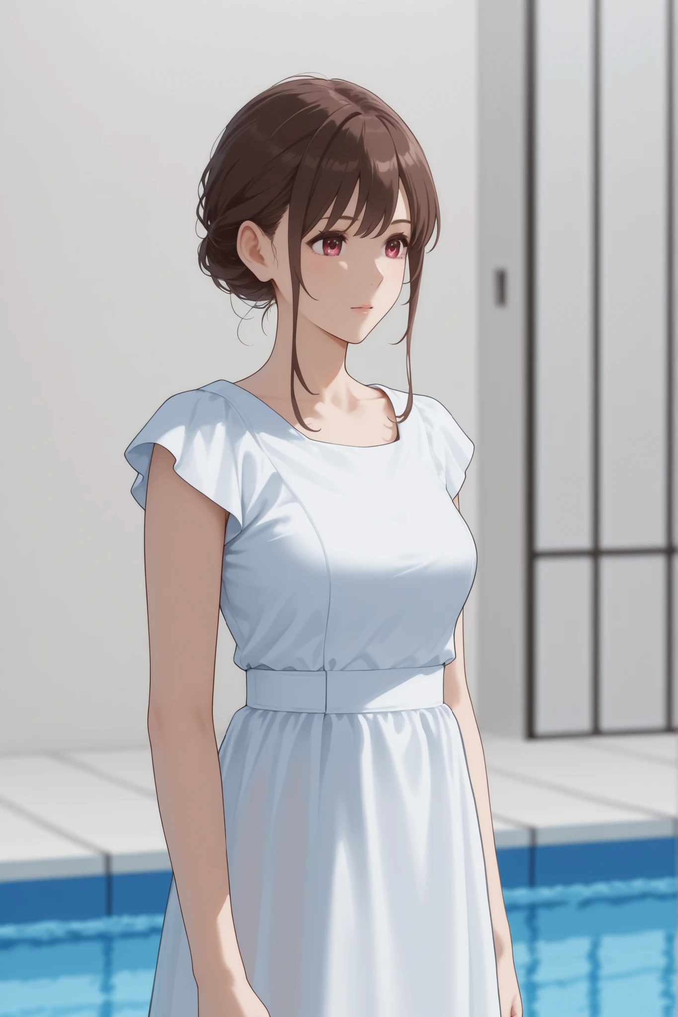 came out of the pool in a black and white dress、Japanese woman with medium brown hair