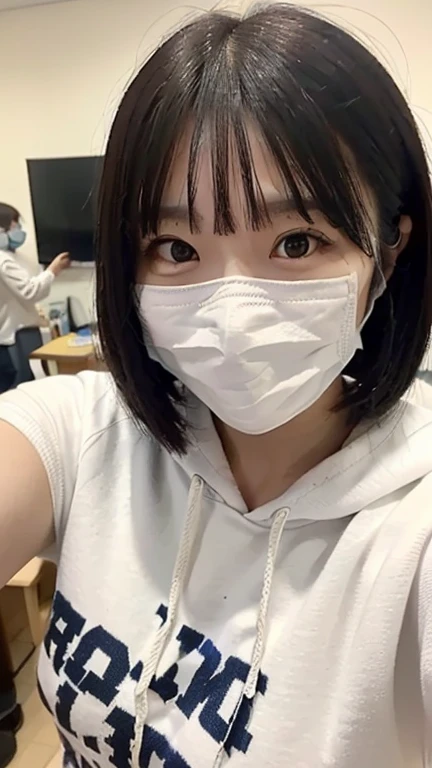 Squatting down and taking a selfie in a narrow room in a dormitory, lightly covering the mouth with the other hand, sorry for the oval face, 40-year-old Korean woman, small breasts, skinny body, random hair style, faint smile, 4 dots on the face, random veins on the chest, slight abs, navy hooded t-shirt Wearing photo taken from top to bottom. Perfect hand shape detail. Lower body is naked. Red scars on both knees.