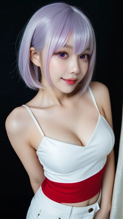 masterpiece, highest quality, One woman， Silver Hair, Purple eyes, Long Hair,White bra，The best smile:1.5，Put on a white shirt:1.5，Medium bust exposed:1.5