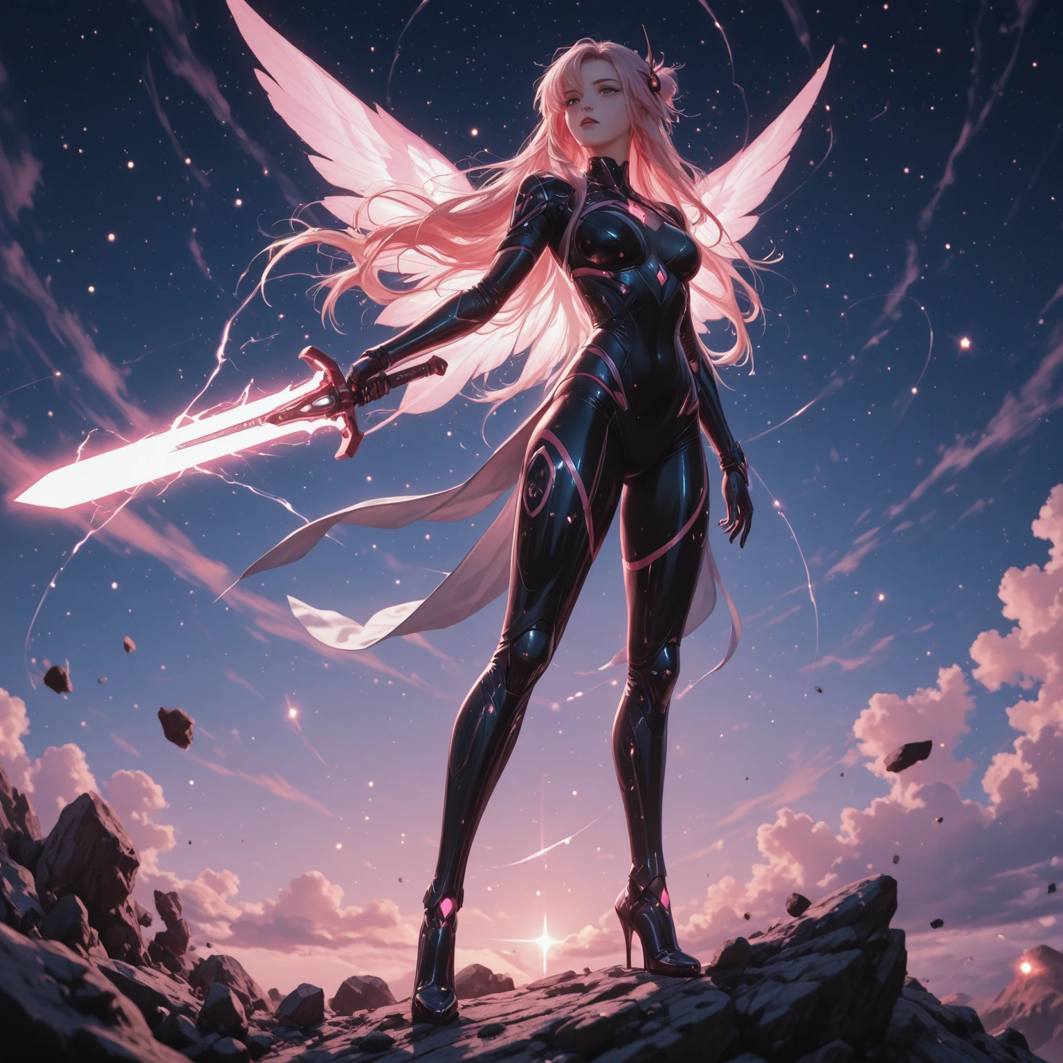 (Exquisite and beautiful、A masterpiece with attention to detail, High quality and high resolution),(A cute and delicate illustration of a pure and clear face drawn with thin lines and beautiful pastel colors.),Background of beautiful flying sky lanterns in the sky on a sparkling starry night、A fairy flying happily in the sky,A fairy with beautiful fairy wings growing from its back, Wearing a frilly dress with an open neckline and knee-high socks decorated with lace, Ruffles and ribbons, corset.,She is wearing a tiara, necklace, Earrings and bracelets.,(Fair skin, A fairy with pale pink cheeks and short eyebrows, A small toothless mouth and plump pink lips, Beautiful Eyes, And quite large, Fluffy bust.),Lanterns fly up into the sky and the moon, You can see stars and shooting stars,Vibrant watercolor colors, Striking colors, Dynamic angle,Cute Dream,