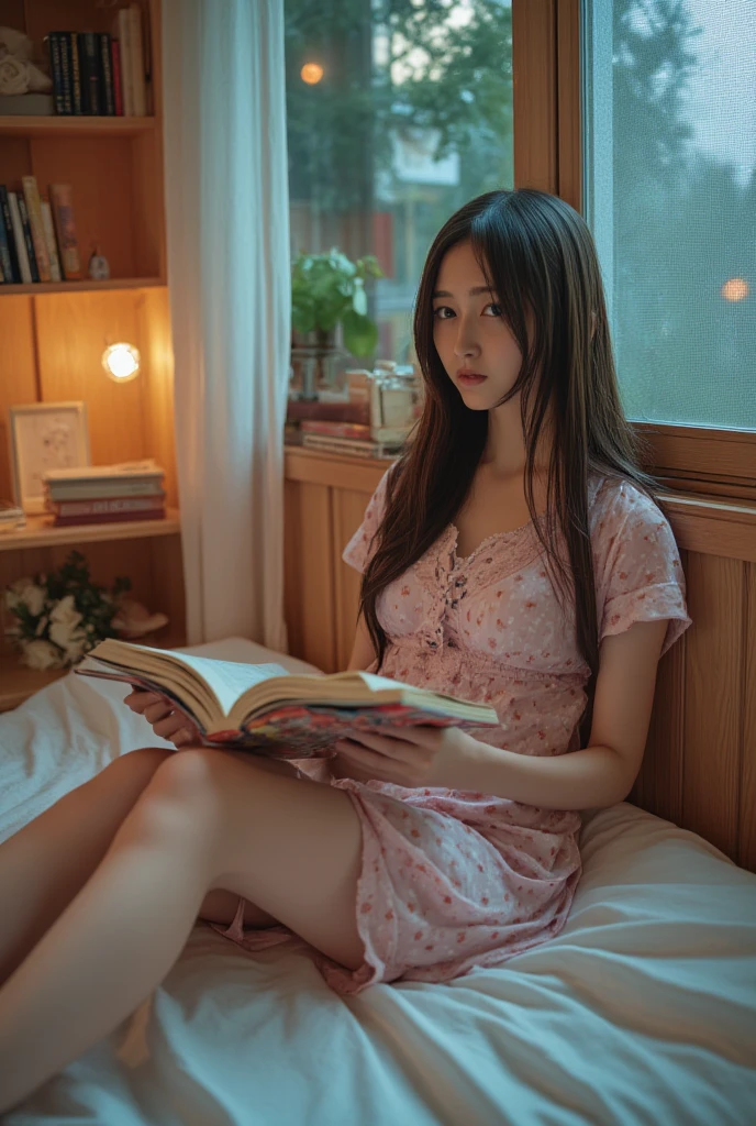 Ghibli-style image, very pretty and innocent female college student, long black hair, sitting at desk, listening to music with earphones, holding pencil in right hand, left hand resting on chin, studying, midnight, soft stand lighting, generally dark background, Cute props, a window with a view of the stars, curtains, a pink pajama with cute lace that slightly exposes the shoulders, a kitten sleeping on a very pretty bed, a steaming coffee cup next to the desk, please create an image.