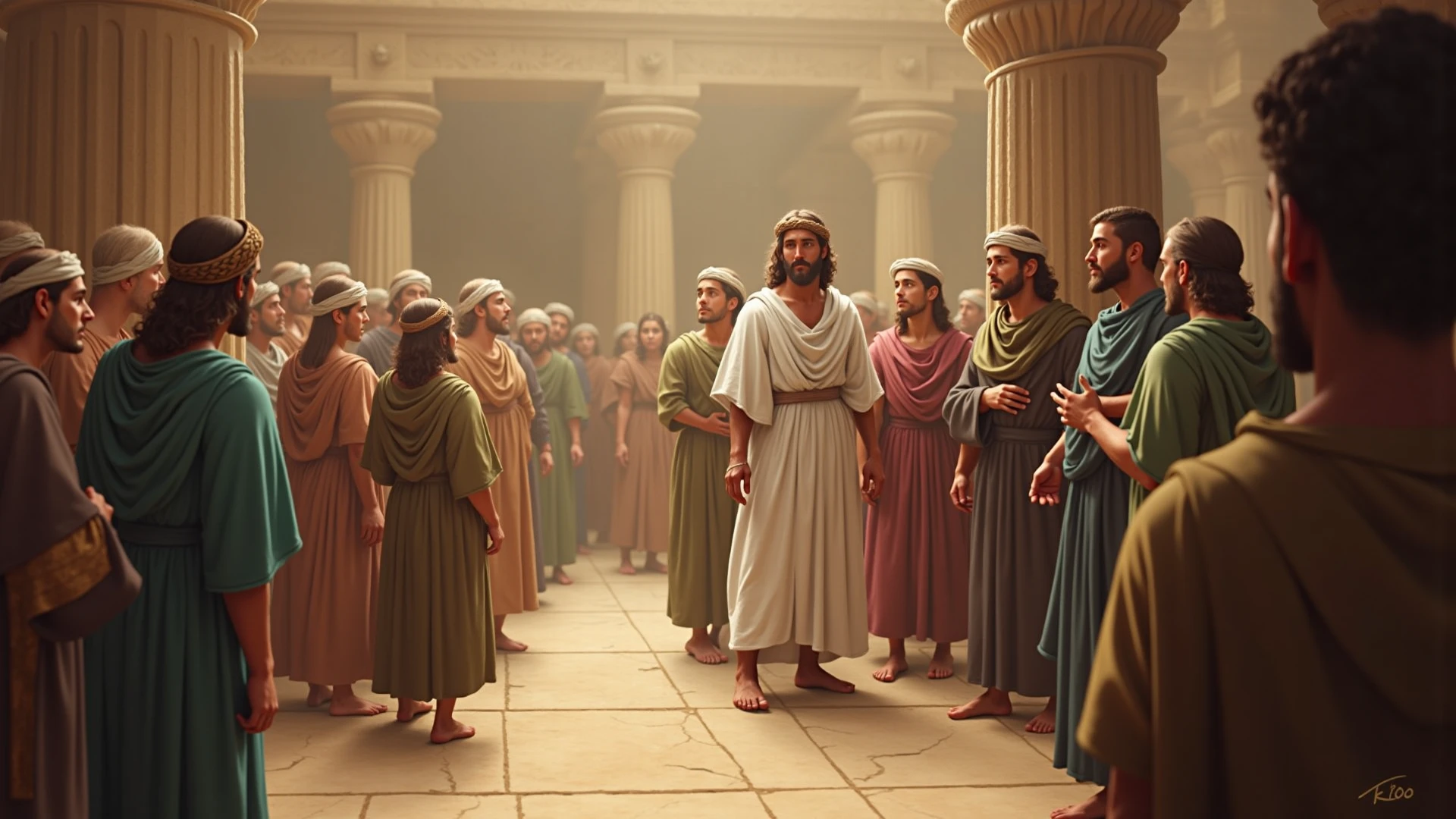 Abraham and Sarah before the Pharaoh, magnificent throne, rich gold and blue colors, demonstrating power and opulence, Abraham looks nervous, Sarah stands firm