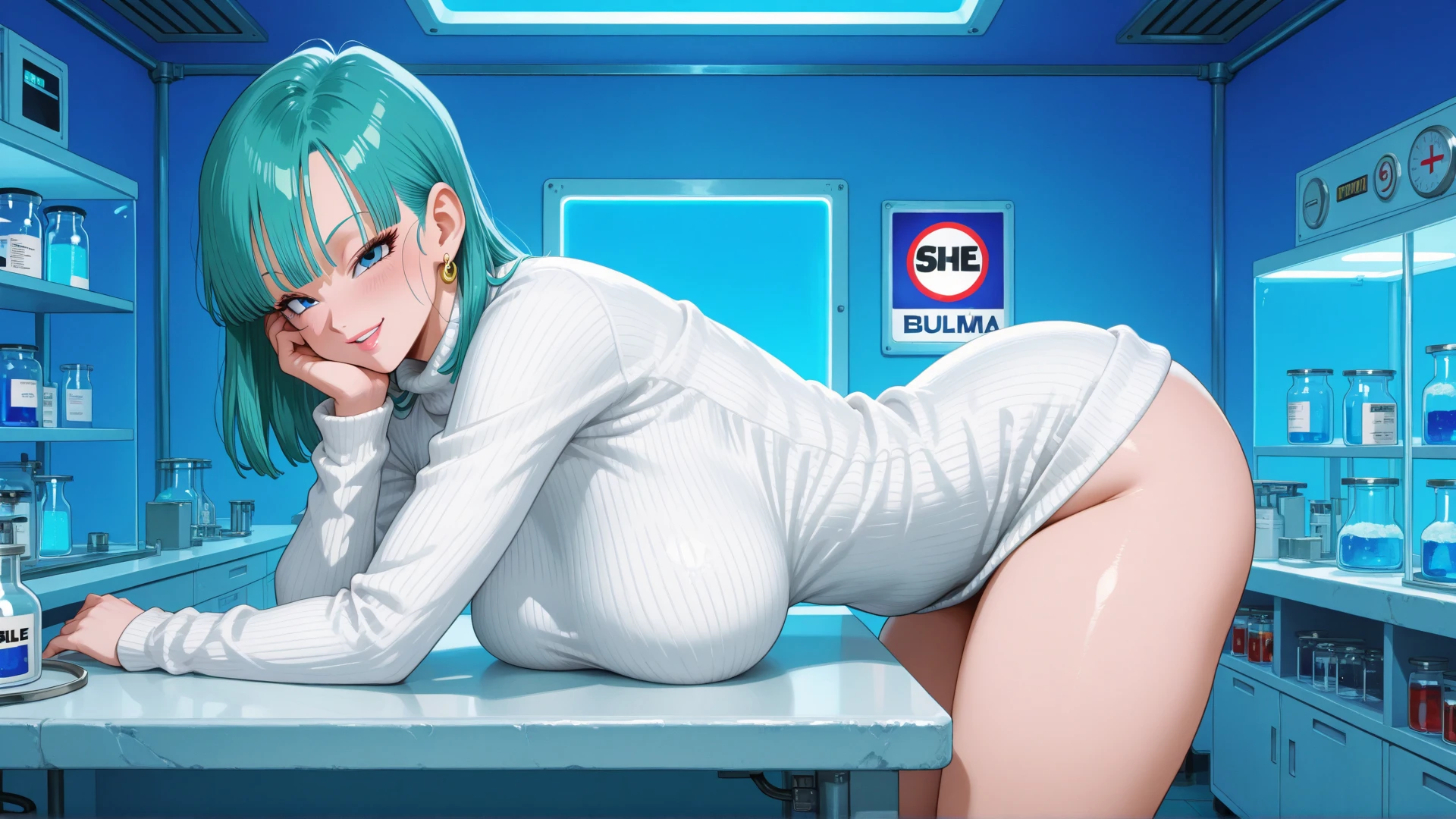 masterpiece, best quality, highest quality, (perfect illumination), (photorealistic), perfect anatomy, perfect face, perfect eyes, bulmadbzreddress, aqua hair, short hair,  blue eyes, earrings, red dress, yellow scarf, 8K, best quality, perfect quality, gaming room, 1 girl, sexy, short hair, underboob, sitting on gaming chair, wearing a gaming headphones, holding a controller, looking sexy, thick, no panties, perfect ass, waifu, waifu material, fishnets, playing game, eating snack,
