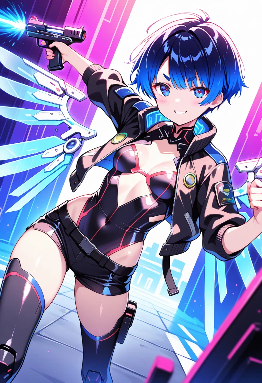 1girl, medium breasts, thick thighs, hourglass figure, toned, smile, light smile, blue hair, light blue hair, blue eyes, very short hair, pixie cut, shoes, sneakers, socks, ((socks)), bikini, black bikini, jacket, black jacket, open jacket, neon trim, neon, neon lights, blue trim, tech, machinery, science-fiction, futuristic, bunny ears, rabbit ears, cropped jacket, ((cropped jacket))