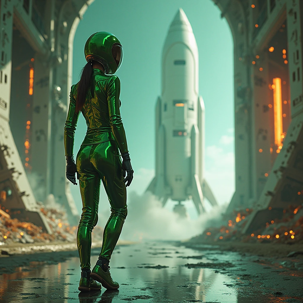 alien planet landscape, futuristic research facility, snow mountain in background, green alien vegetation, rocky mountainous environment, extremely realistic highly detailed wide angle shot, canon 5d, rear angle shot of a beautiful female scientist wearing a cybernetic space suit and a helmet, athletic body, big ass, tight clothes