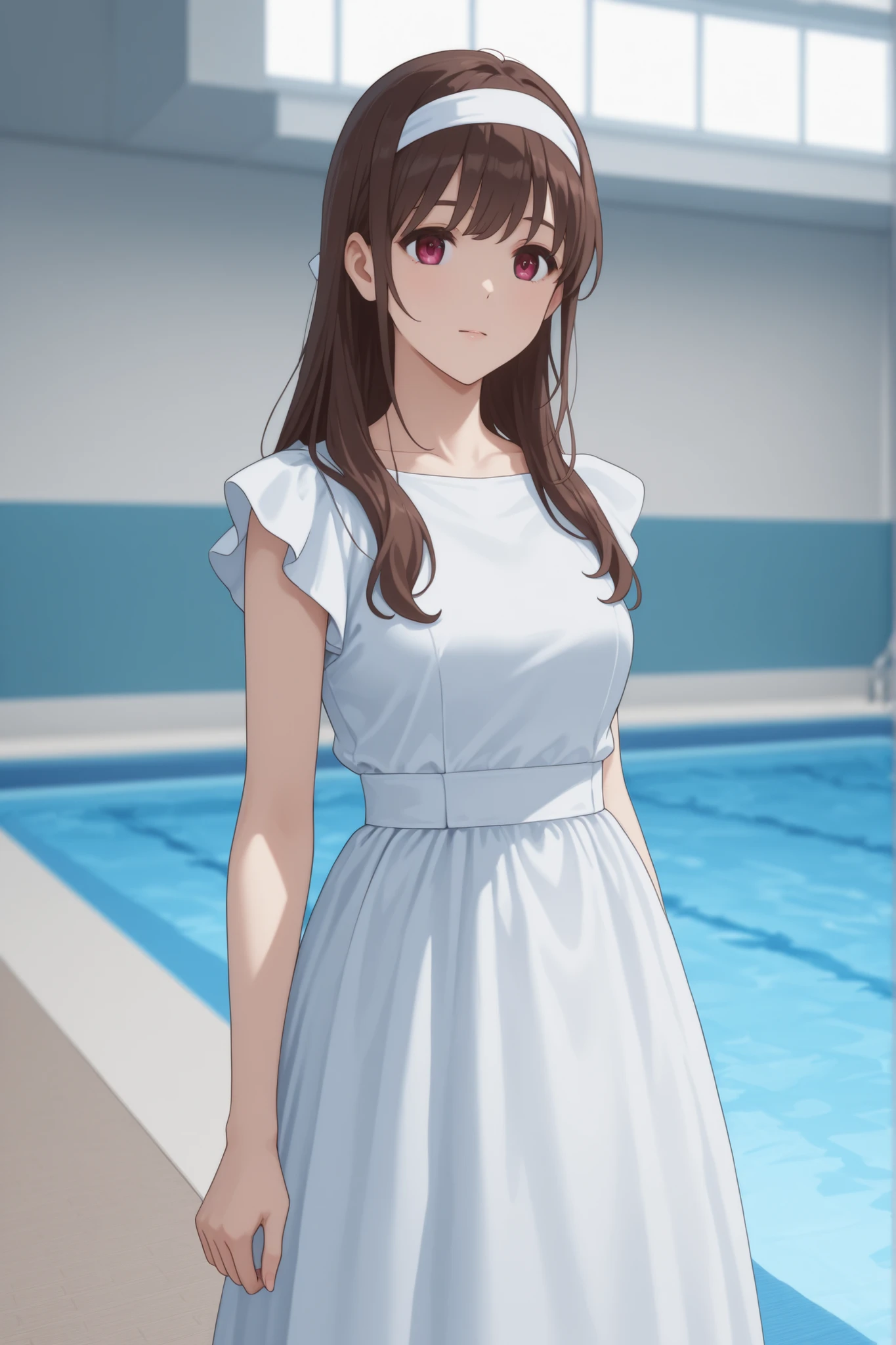 came out of the pool in a black and white dress、Japanese woman with medium brown hair wearing a white headband
