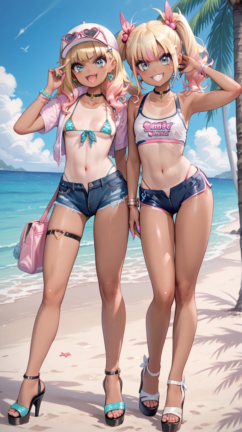 Best Quality, mature women duo, tanned skin, dyed curly blonde hair, salmon pink eyes, full lips, seductive, smiling, wet tank top, booty shorts, thick thighs, curvy physique, Twins