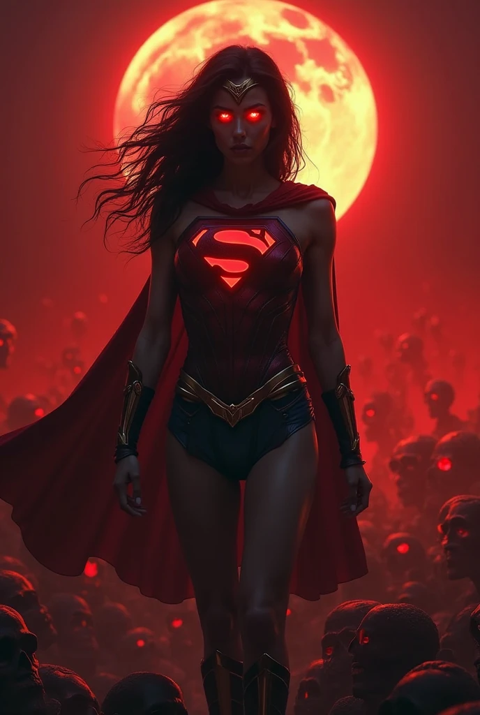  in red dress and with tall black hair is holding plushie F.E.A.R. operative wearing tactical black balaclava and red googles. Her eyes glow red and she is looking at red chaotic sky