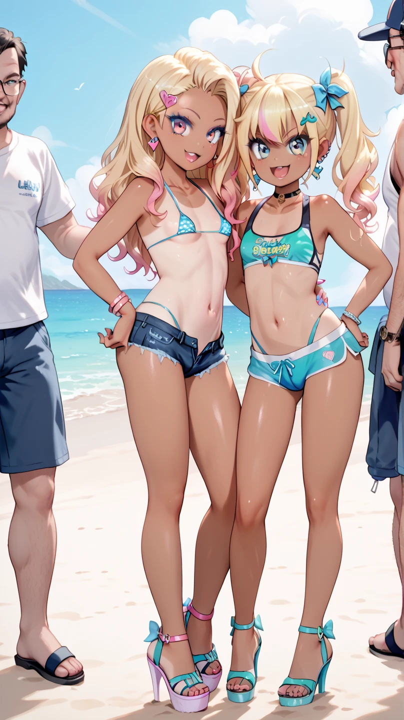 ((sexy girl ,gyaru)) ,nsfw, glamorous, cap,short brown hair, beach,sitting,looking at viewer,moistened eyes,blush,sexual ecstasy, ass, slutty micro-bikini, grinning, cameltoe, crowded beach, multiple people in background, oiled skin, sun lotion, flat chest, young, young girl, , 2 girls, twins, slutty, presenting, grinning, pert ass,