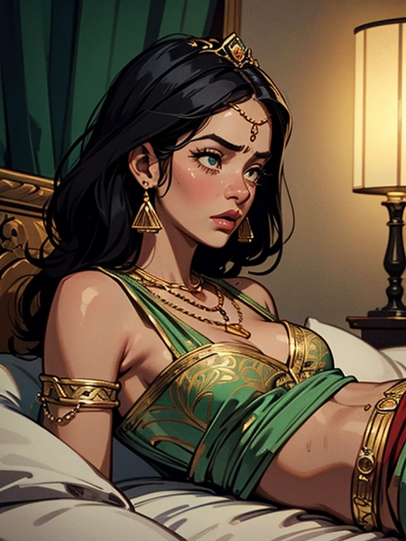 A breathtakingly beautiful woman in an exquisite green saree, her luscious curves accentuated, with a captivating, alluring gaze inviting the viewer, photorealistic, intricate details, cinematic lighting, highly detailed, hyper-realistic, masterpiece, 8K, stunning makeup, piercing eyes, seductive expression, lavish jewelry, ornate patterns, luxurious textures, opulent bathroom setting, dramatic shadows, vibrant colors, glossy skin, flawless complexion, mesmerizing portrait
