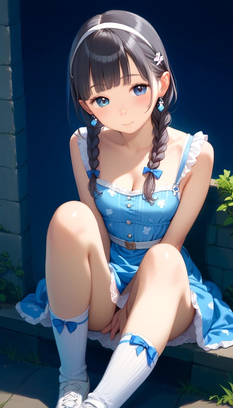 very cute and beautiful girl sitting near window,(blue plaid summer dress with detailed frills),sleeveless,detailed lace,(spread legs,white panties), (highly detailed beautiful face),beach,wooden floating cottage, (smile),blush,twin braid,black hair, (best quality,masterpiece:1.2),absurdres,highres,ultra-detailed,extremely detailed,32k,8k resolution, intricate details,cinematic scene,detailed background,solo,dynamic angle, natural lighting,light particles,beautiful detailed sky,