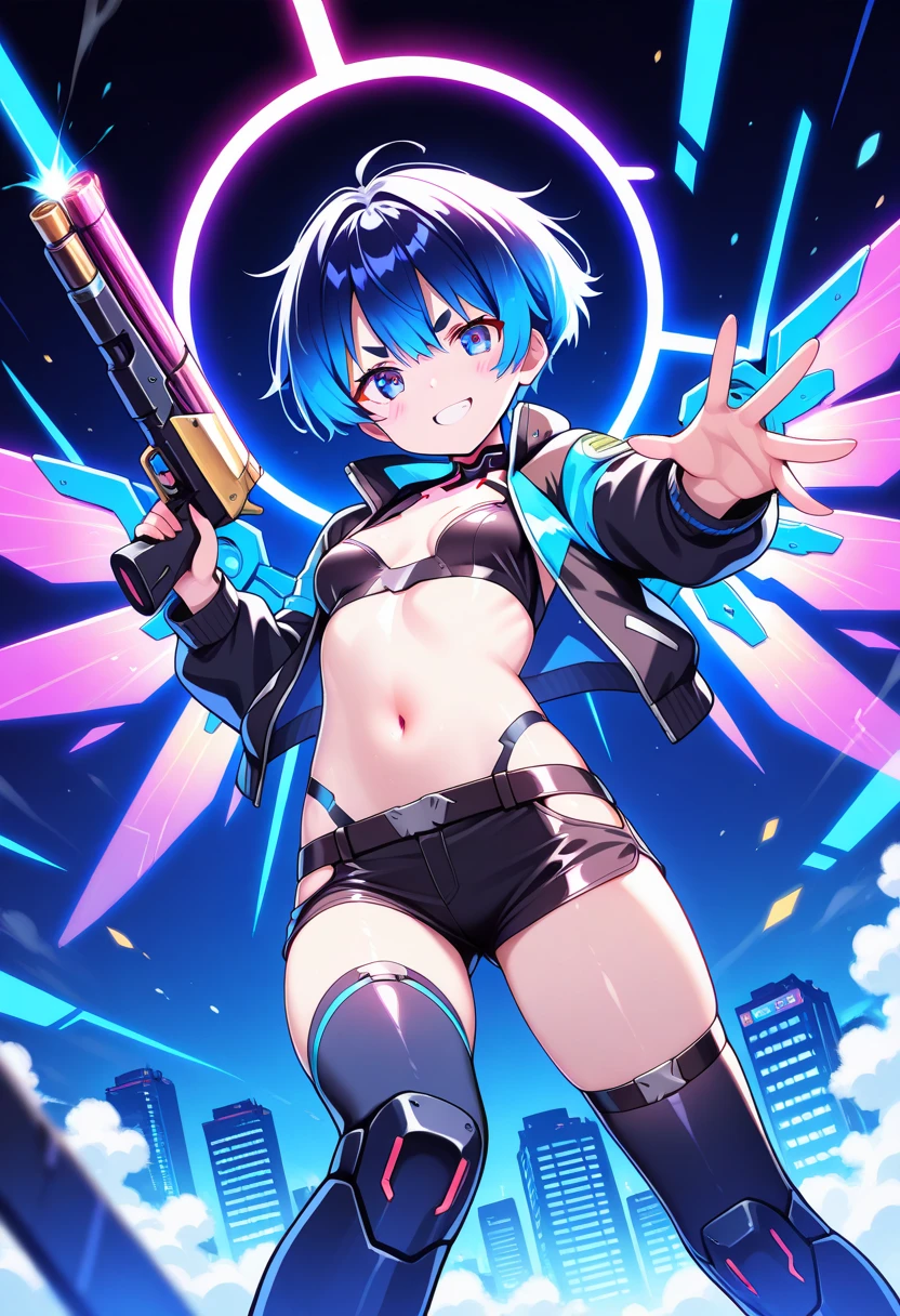 1girl, breasts, medium breasts, wide hips, hourglass figure, toned, smile, light smile, blue hair, light blue hair, blue eyes, very short hair, pixie cut, shoes, sneakers, socks, ((socks)), bikini, black bikini, jacket, black jacket, open jacket, neon trim, neon, neon lights, blue trim, tech, machinery, science-fiction, futuristic, bunny ears, rabbit ears, cropped jacket, ((cropped jacket))