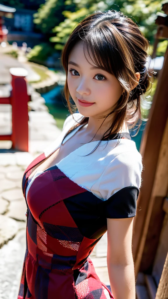 Shrine, flamboyant miko (shrine maiden), Highest quality, shape, Very detailed, In detail, High resolution, 8k wallpaper, Perfect dynamic composition, Beautiful details,  Natural Lip, , Big Breasts, Cleavage, She is smiling in a cute pose with her legs open..., A masterpiece of the whole body, Side Short