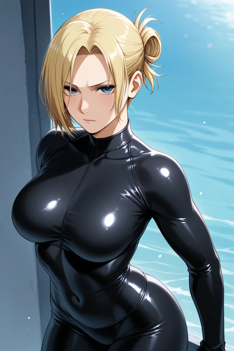 highest quality, High resolution, AND18, 1 girl, android 18, alone, golden hair, blue eyes, short hair,earrings,big breasts, frown,troubled face, Sweat,1 girl, Black tight suit, streak,looking at the viewer,(embarrassed,blush:1.3),sexy,hentai,erotic,steam,erect nipples,