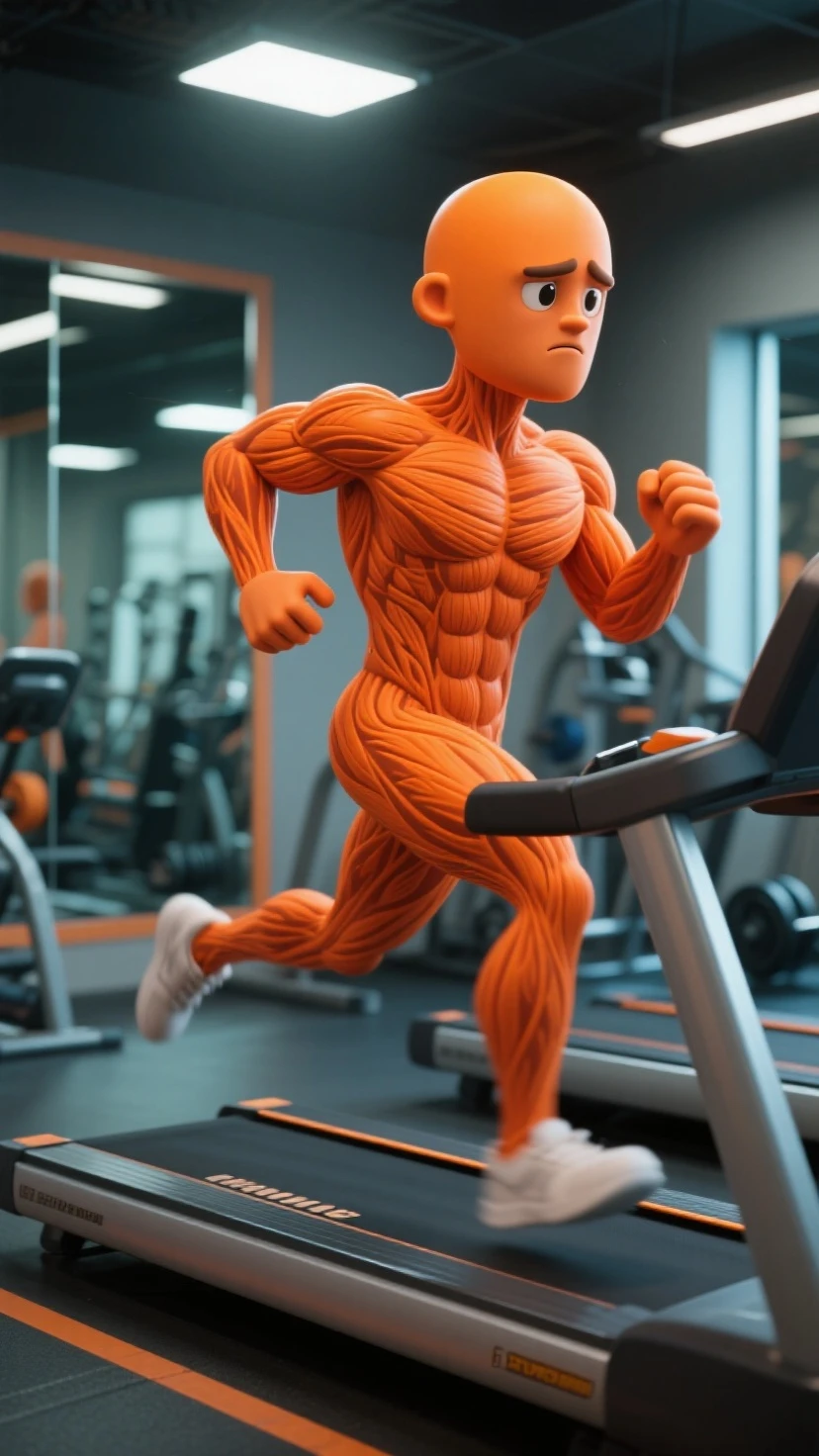 full view, full body, one Sexy young artificially tanned white bald over-musuclar man, shirtless wearing neon-green compression leggings and white electronic socks with leds, no shoes, wearing gold chains, bracelets, rings, running in his white professional thin nylon electronic socks on treadmill in gym, showing off his white electronic socks with leds