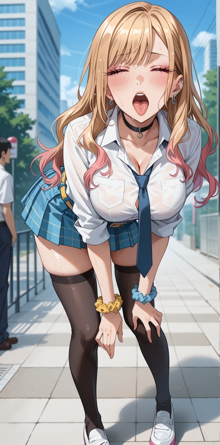 ​(Best quality, 8K, Masterpiece:1.3, 1 girl, solo, Beautiful girl), cute, Dynamism, Detailed face, Detailed skin, detailed clothes, Detailed eyes, Detailed lips, Detailed tongue, Detailed fingers, Detailed mouth, Photorealistic, Raw photo, highres, hight resolution, Natural lighting, dynamic pose, perfect anatomy, toned legs, double eyelids, tear bags, round eyes, moist lips, sweaty, ecstatic face, school uniforms, cleavage, pleated skirt, twintails, in the crowded train, crowds, half closed eyes, (masturbation), nipples visible through clothes, blush, pov, open mouth, tongue out, ahegao smile, drooling, peeing, cum on thighs, skirt lift by own hands, standing, purple panties, camel toe, wet body, from below