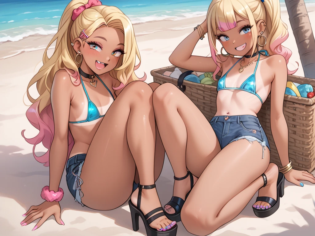 advertising poster, Promotional Photo for Pop Rap Single CALIFÓRNIA GIRLS by artist called Doja Cat, with bikinis, various sweets, candies, lollipops, jellies, pink clouds, hair down to the toes, big ass, perfect body, fantastic landscape,