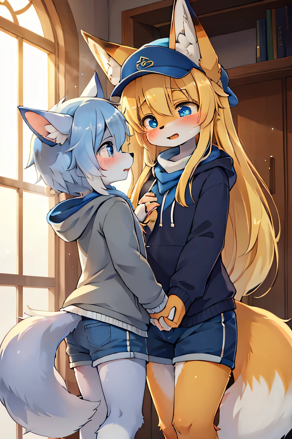 boy,青いfur,animalの耳,8K High Resolution,BLUE SHORTS, grey hoodie,hat,fur,blue neckerchief,Grey Dog Tail,Pretty Beast,animal,Kemono,I'm going to cry out loud,cries事が大好きな雄の青年,(YELLOW GIRL,Fox,girl,YELLOW LONG HAIR) bet, boy,boy,cries, together,hold hands, togetherに泣いちゃう,stare at each other, lots of light blue ,Sparkling Eye