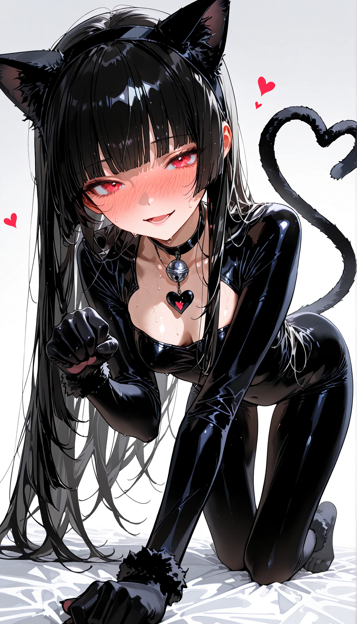 Black Shoulder Length Hair with Bangs, black bodysuit, small breasts and small ass, black eyes, pale skin, a big shark tail, at home in the bedroom