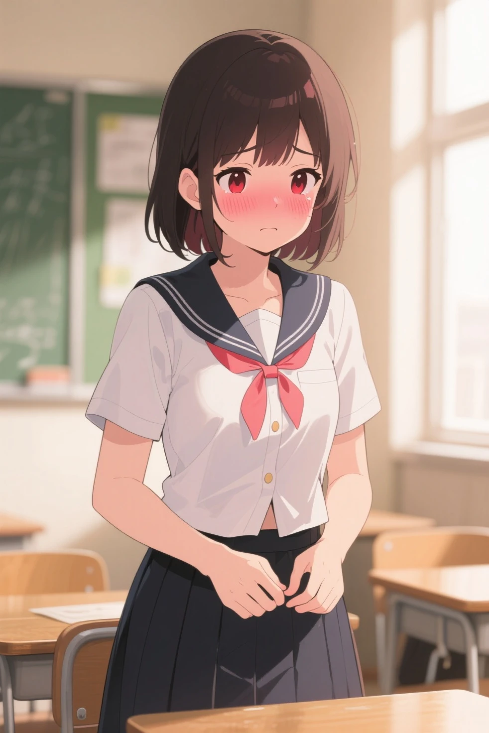 bound arms, arms behind back, rope, highres, highest quallity, illustration, ultra detailed, (detailed face), (detailed eyes), soft lighting, best quality, hyper detailed, masterpiece, looking at viewer, angry, open mouth, 1girl, solo, short hair, brown hair, school uniform, skirt, (colorful), upper body, shack, window, night,