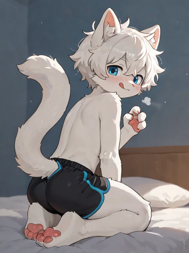 kemoshota, almost naked, looking down, animal ears, albino white fox boy, white fur, tail, short statue, short and squishy body, kindergarten, bottomless, dynamic angle, kindergarden, infanty, toddley, toddlercon, nipples, navel, whiskers, taking nap, cum over body, cum from top to bottom, precum, cum thread shining, face cum, cum drop on face, sweat, sweat drops, cum in mouth, tokoroten, Bukkake, fist penetrating, exhausted and crying, anal fist, from back, looking back