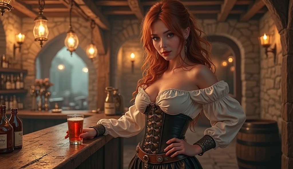 1girl, belviso, , braid, lips, long hair, looking at viewer, messy hair, orange hair,
1200AD Tavern, serving wench, rags dress, torn, shredded, cleavage. large breasts,
half body shot, realistic, solo, teeth
sexy, seductive. low key lighting, dark,