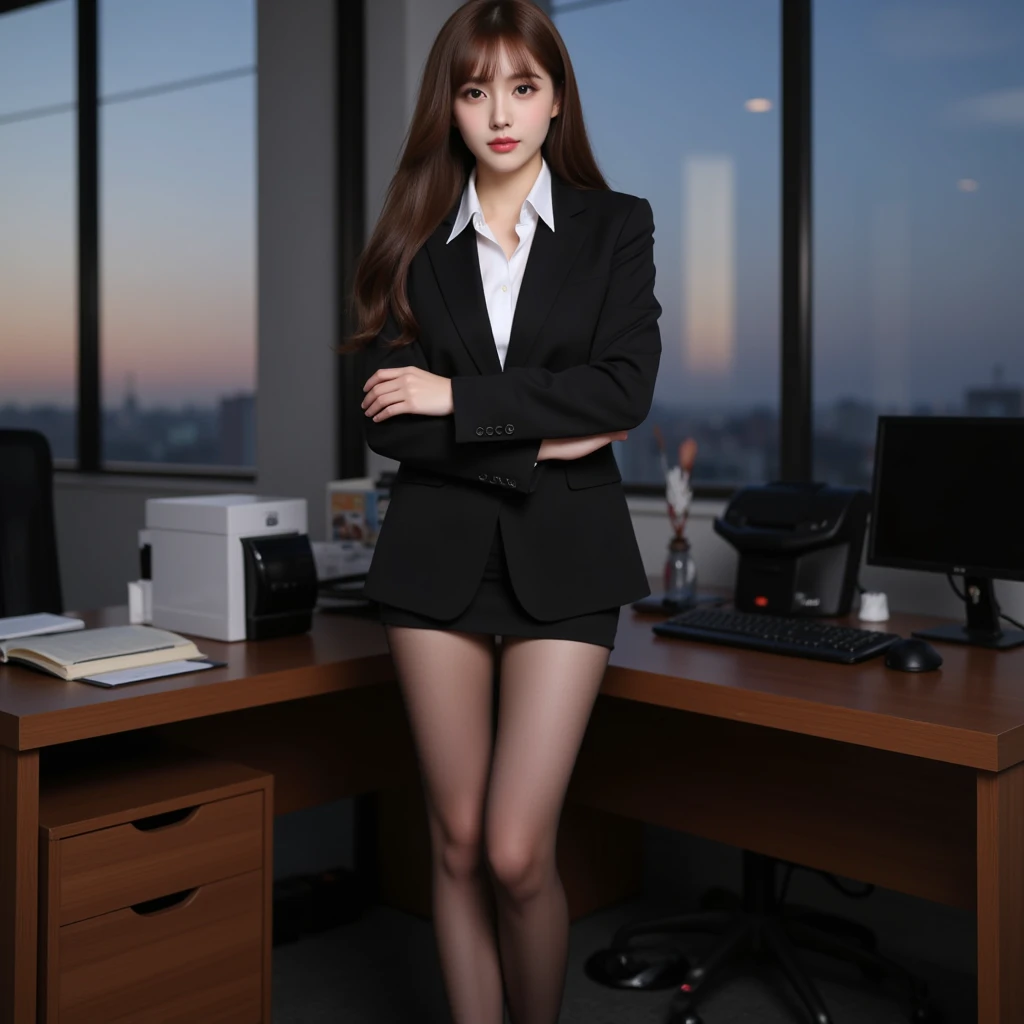 Tabletop, highest quality, Realistic, Very detailed, finely, High resolution, 8k wallpaper, 1. Beautiful Women,, Light brown messy hair, Wearing a business suit, Sharp focus, Perfect dynamic composition, Finely beautiful eyes, Thin Hair, Detailed and Realistic skin texture, smile, Model Body Type、Beautiful legs、office、smile、